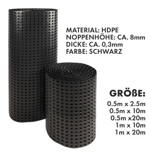 Schwarze KARAT Noppenfolie aus HDPE, gerollt, für Bau und Garten.
